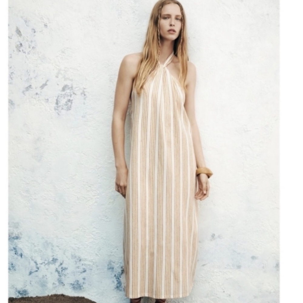 Zara Yellow Striped Halterneck Open Back Maxi Dress